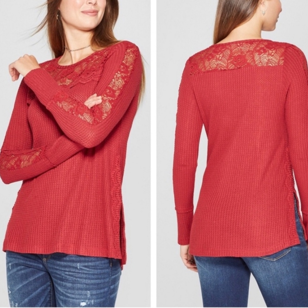Knox Rose Top Red Lace Neckline And Sleeves Long Sleeve Boho Romantic XMas